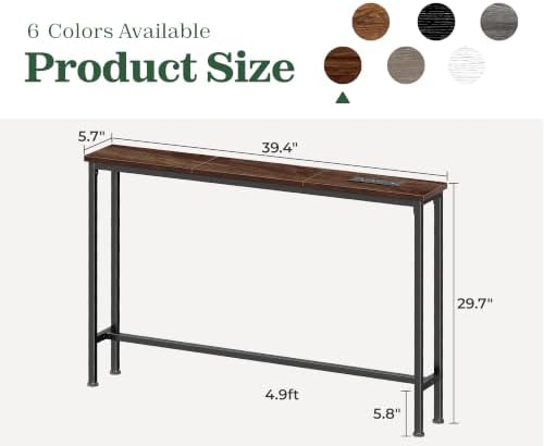 SUPERJARE 39.4 inch Narrow Behind Couch Table with Charging Stations