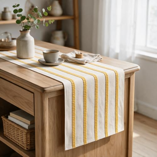 Artoid Mode Yellow Farmhouse Woven Stripe Table Runner, Seasonal Holiday Boho Rustic Kitchen Dining Table Decoration for Home Party Decor 12x72 Inch