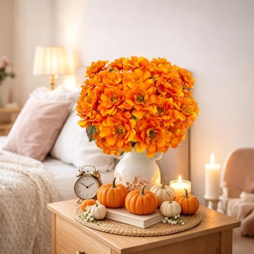 4 Bundles Fall Flowers for Cemetery Artificial Mums for Outdoors