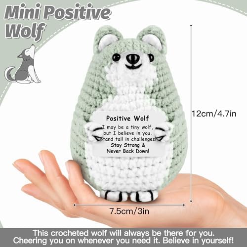 Mini Wolf Positive Crochet Animals Gift Emotional Support Crochet Wolf with Positive Card for Women Men Inspirational Handmade Birthday Funny Gift for Office Home Desk Decor