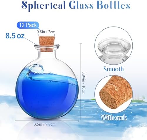 Tessco for you 1 Pcs 8.5 oz Glass Potion Bottles with Cork, Round Spherical Apothecary & Decorative Bottles for Candy, Spices, Vanilla Extract, Wish Messages, Snow Globe & DIY Crafts (Classic)