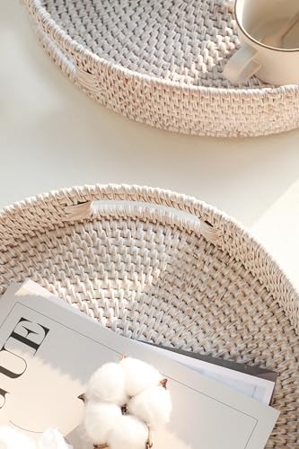 HITOMEN Hand-Woven Round Rattan Serving Tray Decorative Ottoman Wicker Platter with Handles for Coffee Table, Breakfast, Drinks, Snack, Bread, Fruit, Vegetables (Whitewash Set of 2: M+L)