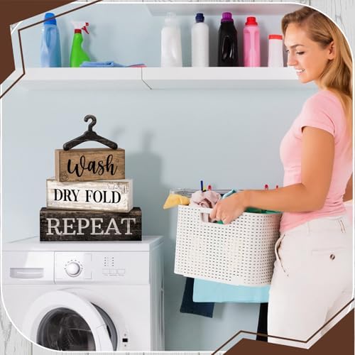 Moucuny 4 Pcs Farmhouse Laundry Room Decor Stacked Blocks Rustic Home Decor