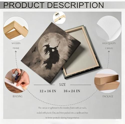 ILLBDR Halloween Flying Witch Canvas Wall Art 12x16 inch