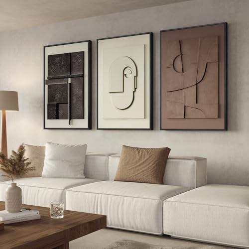 3D Large Framed Brown Abstract Wall Art for Living Room, 3Piece 24x36 In