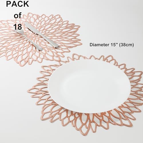 Snowkingdom 18 Pack Rose Gold Placemats Bulk Metallic Pressed Vinyl for Mother's Day Dinning Table Decoration Floral Mats Round Floral Charger Decoration for Weddings Christmas Holiday