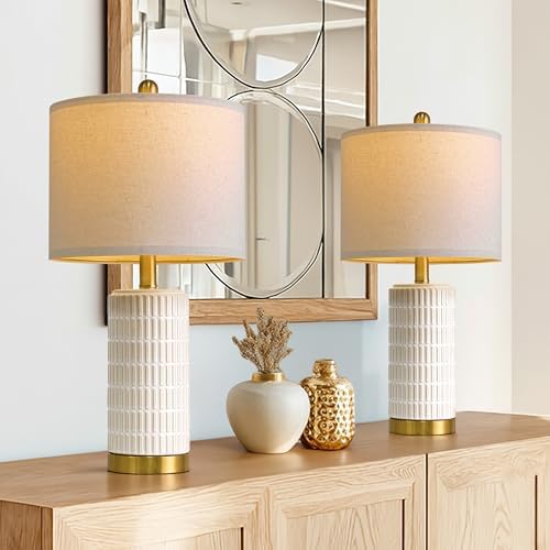 PoKat Small Bedside Table Lamps with USB Ports for Bedroom, 21.5'' White Nightstand Lamps for Night Stands, Modern