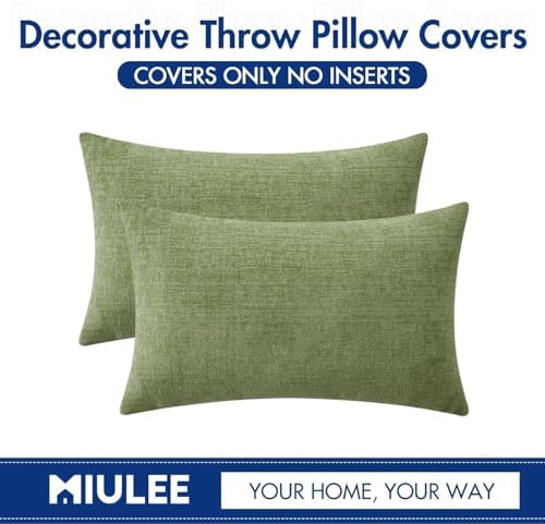 MIULEE Soft Chenille Lumbar Throw Pillow Covers Sage Green 14x22 Pack of 2