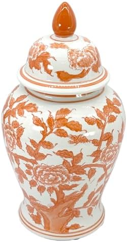 Galt International Orange & White Floral Chinoiserie Ceramic Temple Jar 18" w/Lid - Ginger Jar Home & Kitchen Decor for
