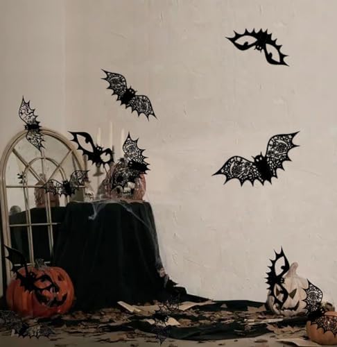 Halloween Decoration 48Pcs Reusable Black Bats Wall Stickers with Double Sided Foam Tape Large Hollow Bats Wall Decals for Wall Bedroom Fireplace Ceiling Halloween Party Indoor Outdoor Decor Supplies