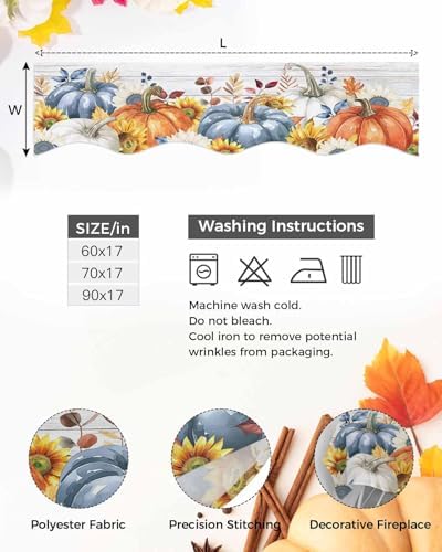 Fall Mantel Scarf for Fireplace, Orange Blue Pumpkin Sunflower Wood Grain Fireplace Cover Decorations Indoor Thanksgiving Mantel Top Scarf Runner for Seasonal Autumn Holiday Party, 17 x 90 Inch