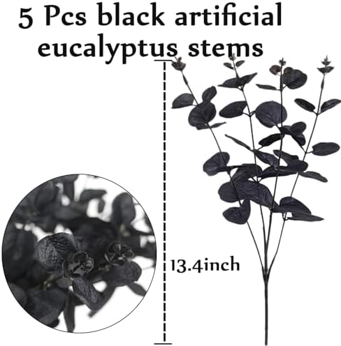 Tinsow 5 Pcs Black Artificial Eucalyptus Stems Faux Eucalyptuses Branches Black Leaf Halloween Centerpiece Halloween Home Decor (Black, 5)