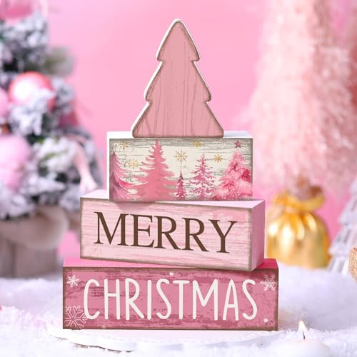 Lineshading 4 Pcs Wooden Merry Christmas Block Signs Pink Farmhouse Decor