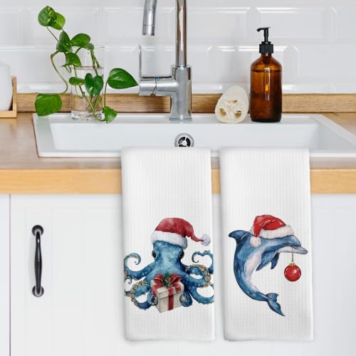 Coastal Christmas Dolphin Octopus Kitchen Dish Towels 16x24, Set of 2