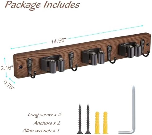 OUTNILI 2 Pack Mop Broom Holder Wall Mount with 3 Slots & 4 Hooks - Rustic Wood Broom Mop Hanger for Pantry Kitchen