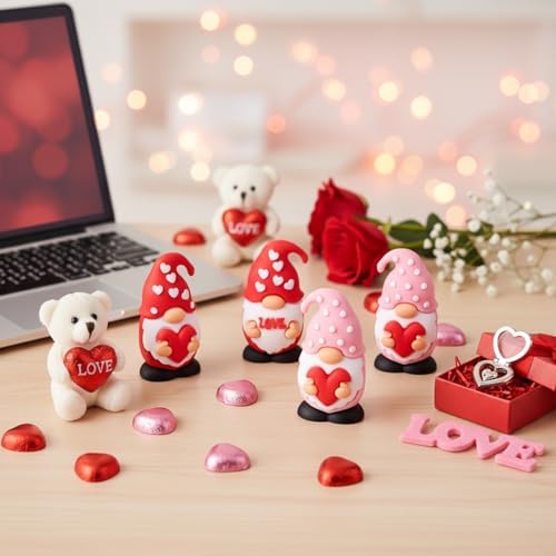 Lunmon 50 Pcs Mini Valentine's Day Gnomes Bulks 1.57 Inch PVC Pink Gnomes Figurine Gifts Valentine's Day Collectible Figurines for Home Tabletop Farmhouse Shelf Decorations