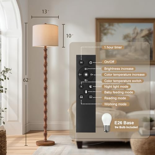BOBOMOMO 62" Rustic Farmhouse Floor Lamp with Remote & Dimmable 9W Bulb, 3 Color Temperatures Tall Resin Standing Lamp