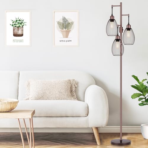 Dimmable Floor Lamp, 3 x 800LM LED Edison Bulbs Included, Farmhouse Industrial Floor Lamp Standing Lamp with Elegant