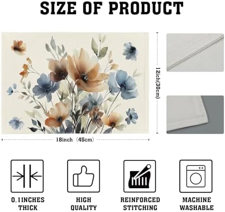 Floral Placemats Set of 6 18x12 Inch Spring Summer Brown and Blue Flowers Linen Place Mats Heat-Resistant Washable Wipeable Wildflowers Table Mat for Party Kitchen Dining Room Dinner Table Decor