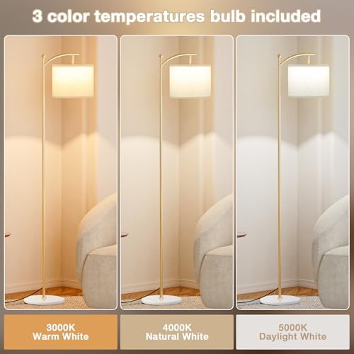Ambimall 60" Floor Lamp for Living Room with 3 Color Temperatures, Gold Standing Lamp with White Marble Base, Modern