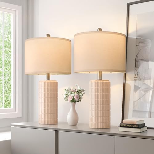 PoKat 23" Pink Ceramic Table Lamps Set of 2, Modern Bedroom Lamps for Girls Room, Bedside Lamps for Night Stands, Cute