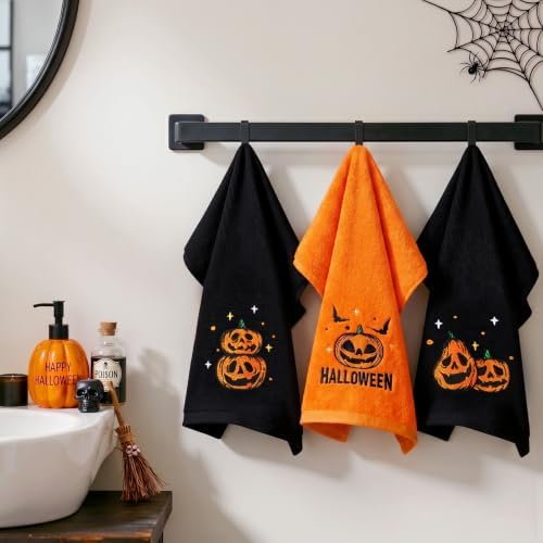 MelonBoat Halloween Hand Towels 3 Pack, Embroidered Pumpkin Halloween Kitchen Towels for Bathroom Kitchen, Soft Absorbent Halloween Hand Towels, Halloween Decor Indoor for Home, 13.7"x29.5"