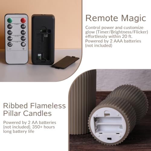 Taupe Ribbed Flameless Pillar Candles with Remote Set of 2