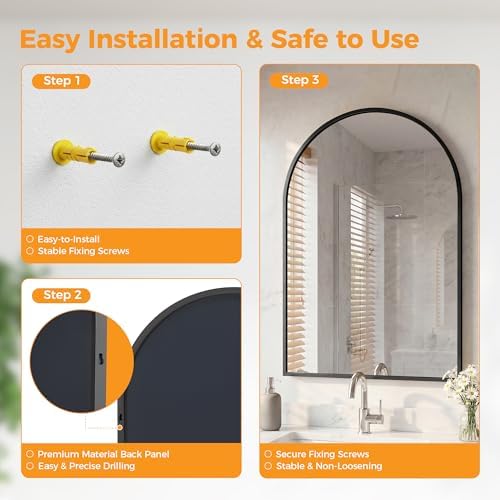 Arched Black Bathroom Mirrors for Wall, 26x38-Inch Bathroom Mirror for Over Sink, Wall Vanity Mirror with Matte Metal