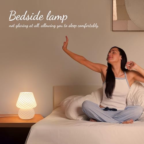 ONEWISH Mushroom Lamp-Small Bedside Table Lamp with Striped Glass, Nightstand Lamp for Bedroom, Living Room, 3000K E26