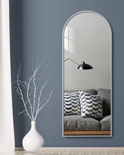 Prywot Full Length Mirror, 64"x21" Arched Floor Mirror with Stand, White