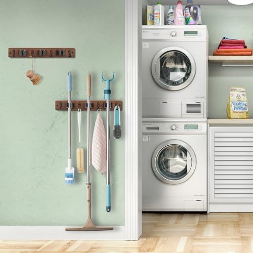 OUTNILI 2 Pack Mop Broom Holder Wall Mount with 3 Slots & 4 Hooks - Rustic Wood Broom Mop Hanger for Pantry Kitchen