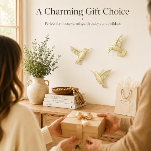 GUSFREUD 3D Hummingbird Wall Decor Set - Gold Resin Bird Wall Decor for Living Room, Bedroom and Gallery Walls