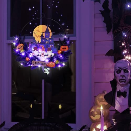 Pre-Lit Halloween Wreath for Front Door, Lighted Dwarf with 6H On/18H Off