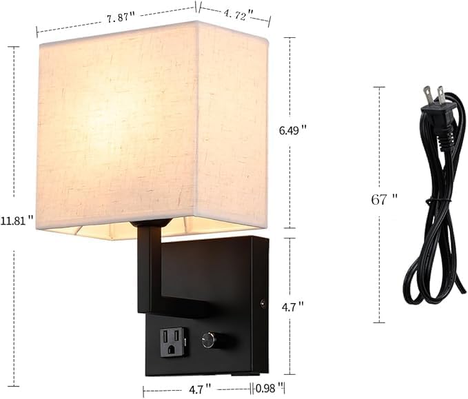 Plug in Wall Sconce, Bedside Wall lamp with Plug and dimmable Switch, with USB Charging Port and Socket, Suitable for