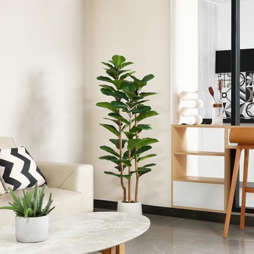 Artificial Fiddle Leaf Fig Tree with White Planter,5ft Tall Fake Tree with Natural Wood Trunk for Home Decor, Faux