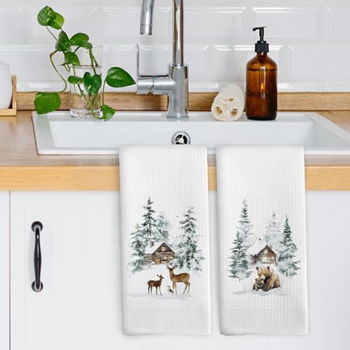 XPH Winter Deer Bear Kitchen Dish Towels Set of 2, Deer Gifts for Women, Bear Gifts, Rustic Farmhouse Cabin Wildlife Animals Hand Towels Kitchen Tea Towel Decorations, 16x24inch