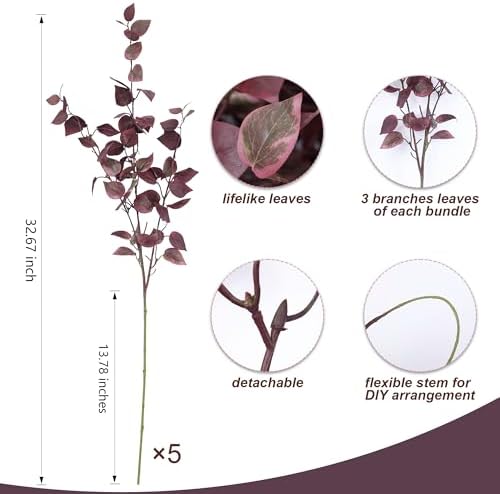HyeFlora 5PCS Artificial Fall Eucalyptus Leaves Stem Plants, 32.7 inch Fake Leaves Autumn Greenery Branches Burgundy