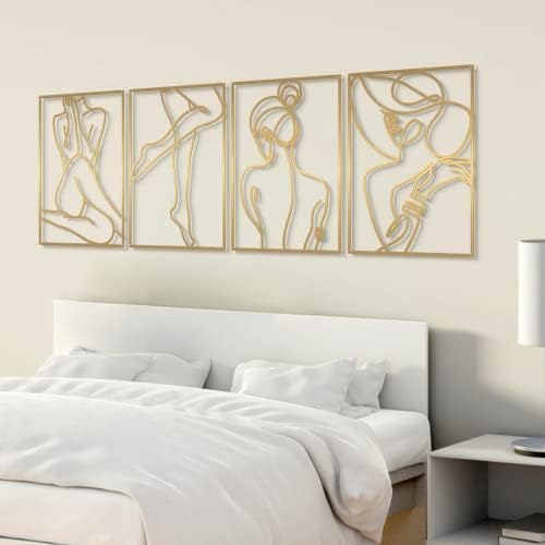 Glamativity Large 4 Pack Gold Wall Art, Minimalist Single Line Art, Real Metal Wall Art, Woman's Body Shape Abstract