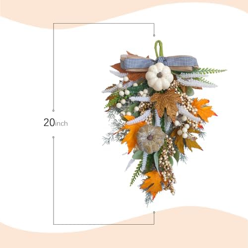 2PCS Fall Teardrop Swags 20inch Thanksgiving Wreath, Eucalyptus Berries Pumpkins Lamb Ears Leaves Autumn Wreaths for Front Door, Fall Decor, Porch Wall, Home Outdoor Holiday Decorations (C)