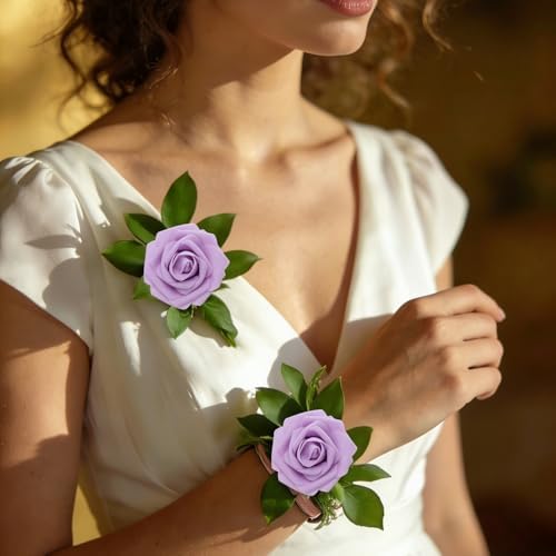 16 Pcs Purple Artificial Flowers, Fake Roses with Stems
