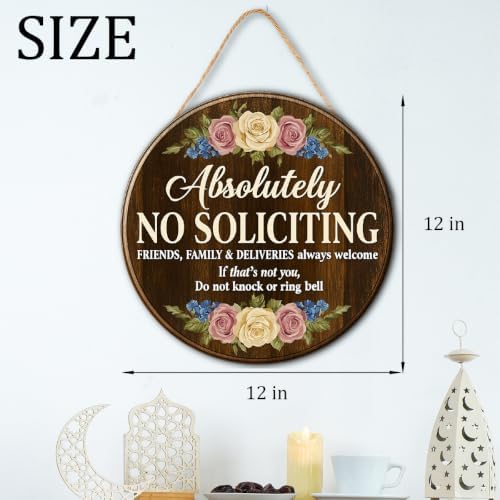 Floral Absolutely No Soliciting Wooden Hanging Sign for House Front Door, Don't Knock or Ring Doorbell Sign for Framhouse