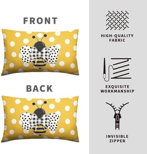Lumbar Pillows Covers 12x20 Set of 2 Spring Summer Farmhouse Decorative Bumble Bee Polka Dots Throw Pillow Cover Yellow Honey Bee Rectangle Waist Cushion Case for Outdoor Couch Patio