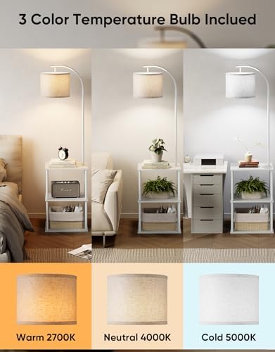 PARTPHONER Floor Lamp with Table, Night Stand with Lamp, Narrow Side Table with 3CCT LED Bulb, Small Coffee Table