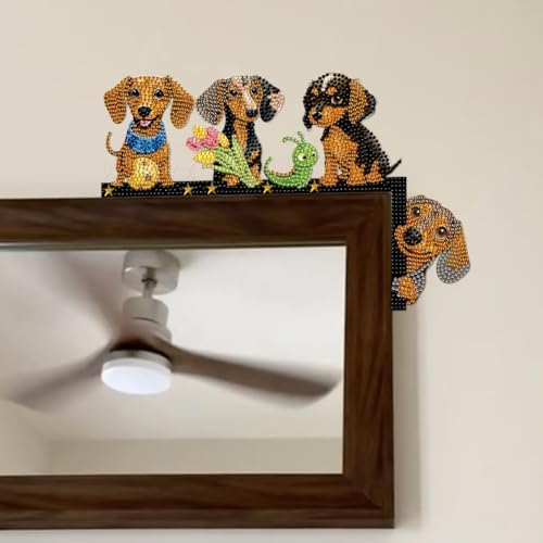 DIY Flower Dogs Dachshund Diamond Art Painting Door Corner Decor, Right Wooden Frame Door Topper Signs with Animal Designs for Holiday Home, Festive Wall Hanging Gift for Family