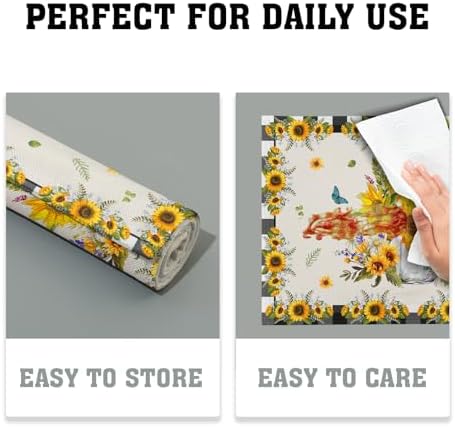 Sunflower Placemats Set of 4 18x12 Inch Summer Fruit Black and White Buffalo Plaid Linen Place Mats Heat-Resistant Washable Wipeable Yellow Floral Table Mat for Kitchen Dining Room Dinner Table Decor