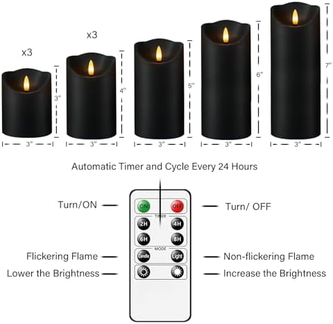 Nimiko Flameless Candles with Remote, Battery Operated Flickering Flameless Candles, LED Candles with Timer 2/4/6/8H, with Realistic LED Candles Set of 9 (D3 x H 3" 4" 5" 6" 7") (Black)