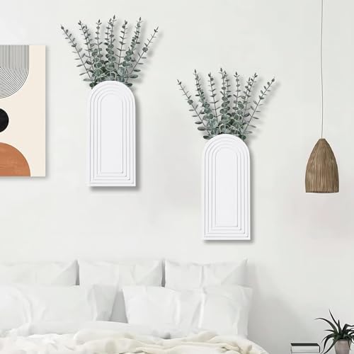 Dnnnii 2 Pack Wooden Wall Vase Set - White Finish Modern Farmhouse & Boho Wall Decor for Entryway, Hallway, Bathroom