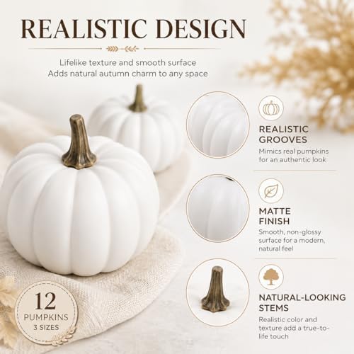 12-Pack Artificial White Mini Pumpkins in 3 Sizes for Fall Decorations