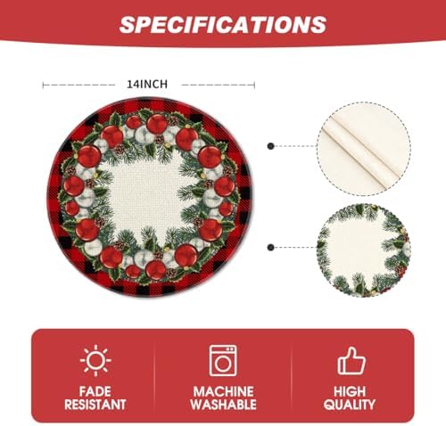 Artoid Mode Holly Balls Ornament Buffalo Plaid Merry Christmas Round Placemats Set of 4, 14 Inch Winter Round Table Mats for Dining Decoration