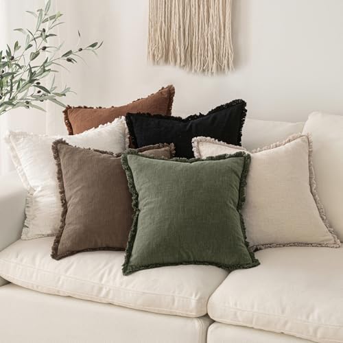 MIULEE Linen Fringe Decorative Fall Throw Pillow Covers Cocoa Brown 20x20